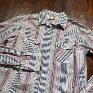 Vintage Western Frontier Shirt Mens LT Stripes Pearl Snap Rodeo Cowboy USA MADE